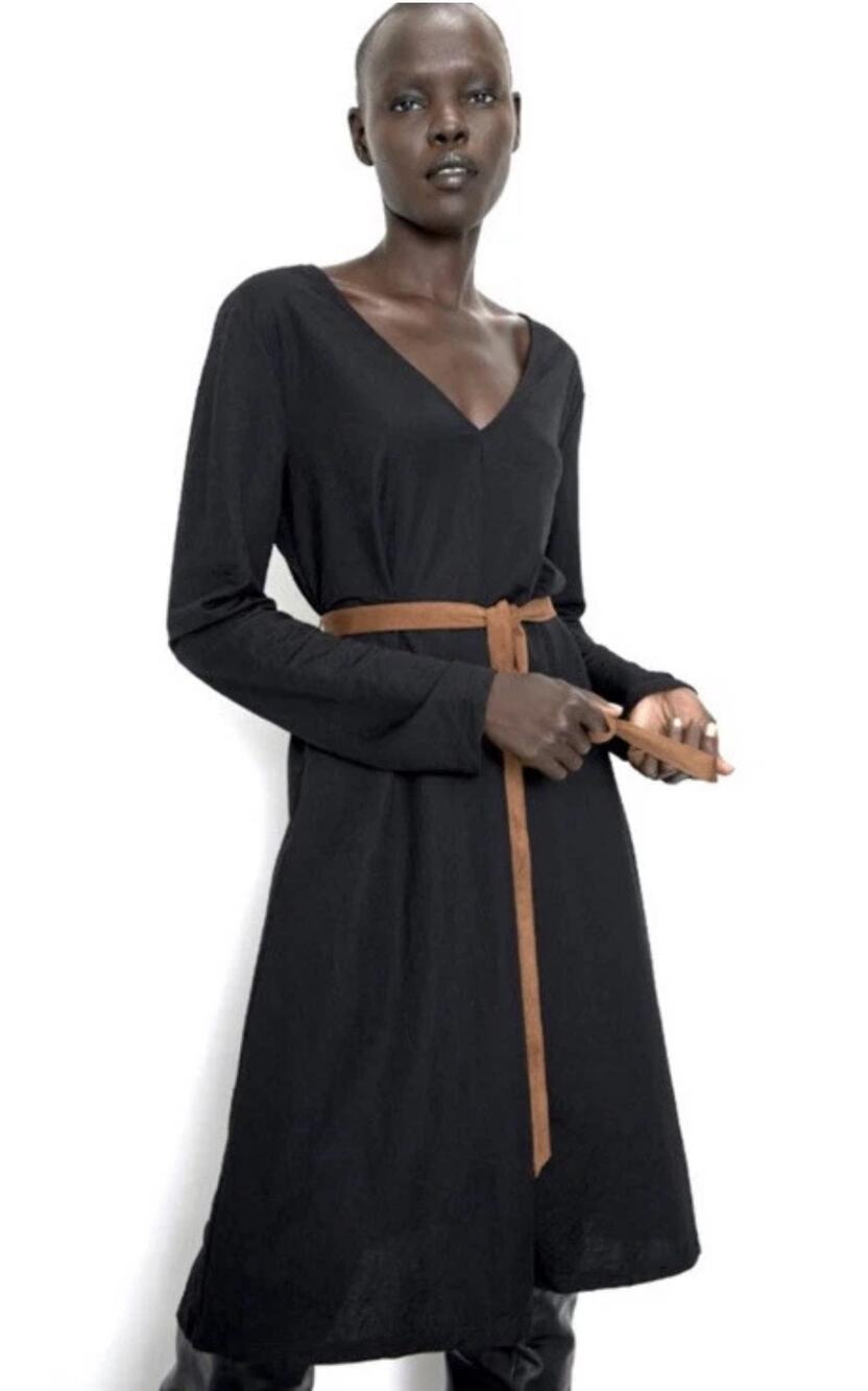 ZARA Basics Black V-Neck Midi Dress Brown Belt Long Sleeve NWT Size S